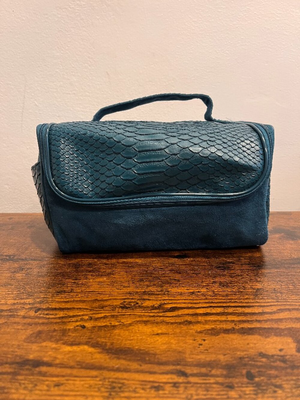 Vintage Dark Teal Suede and Embossed Snakeskin Cosmetics Case